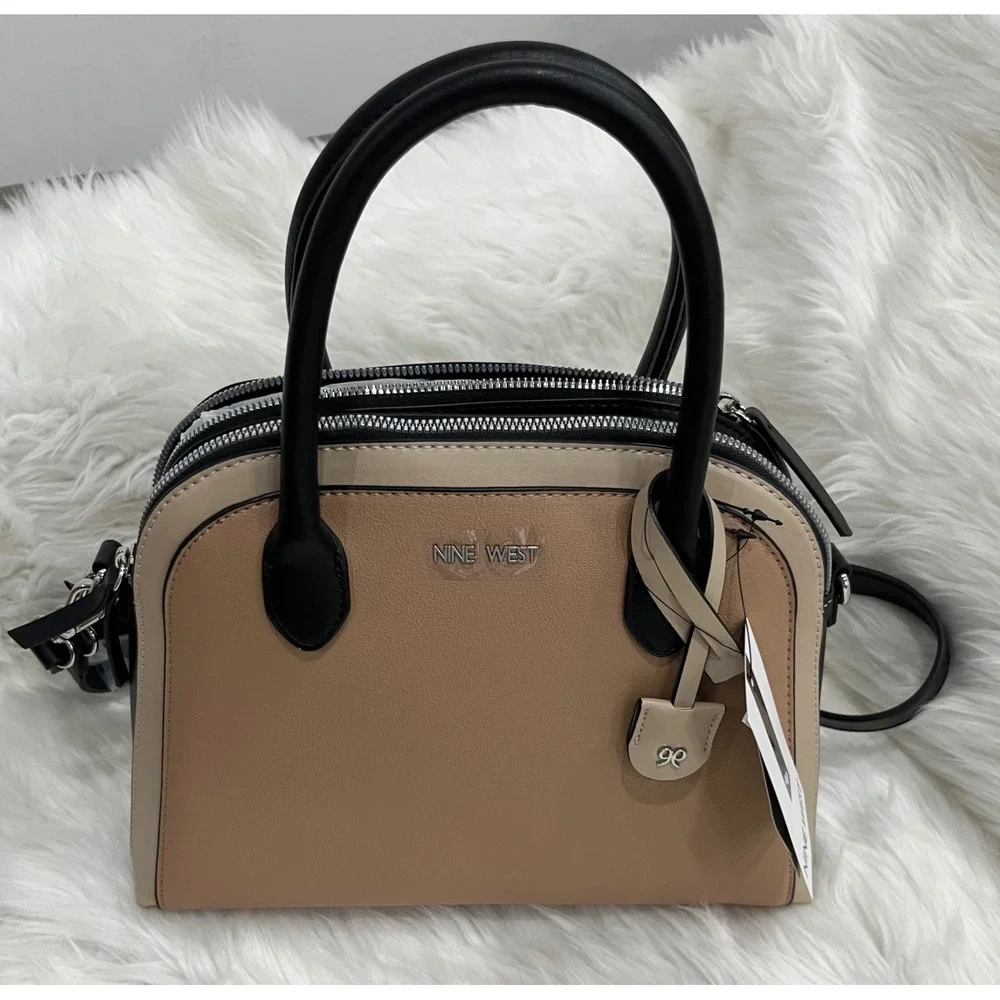 Nine West Women's Satchel Handbag Beige Black Top Handle Crossbody NWT